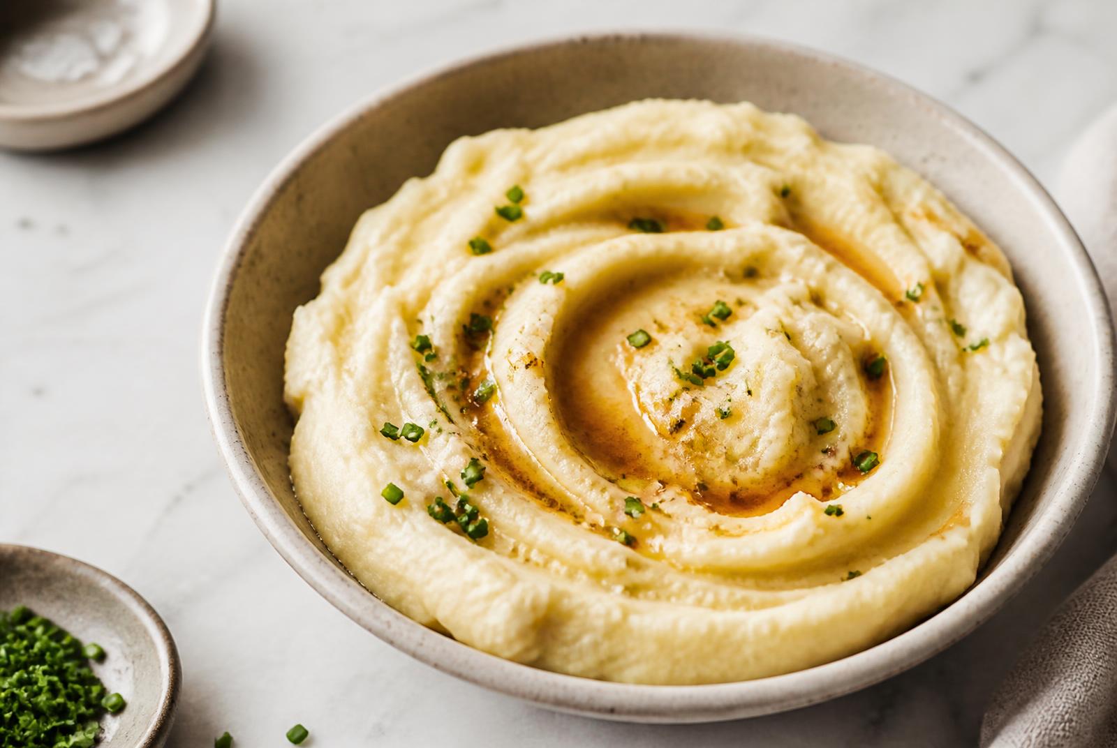 Brown Butter Mashed Potatoes served in a shallow ceramic bowl