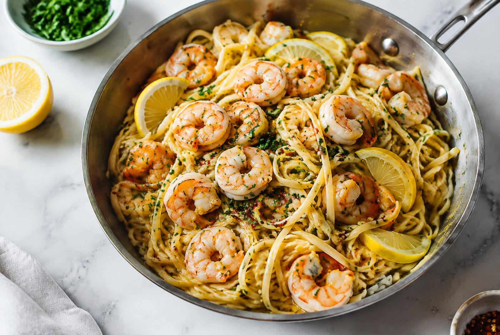 Garlic Butter Shrimp Scampi served in a shallow ceramic bowl