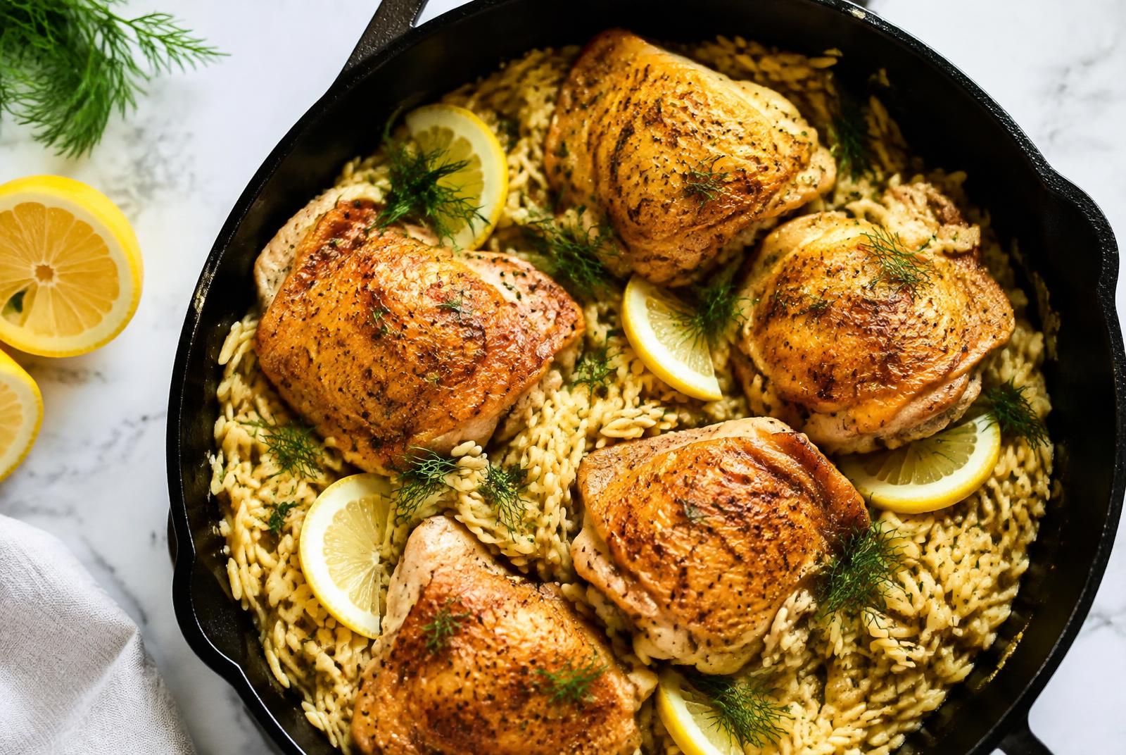 One-Pan Lemon Chicken Orzo served in a shallow ceramic bowl