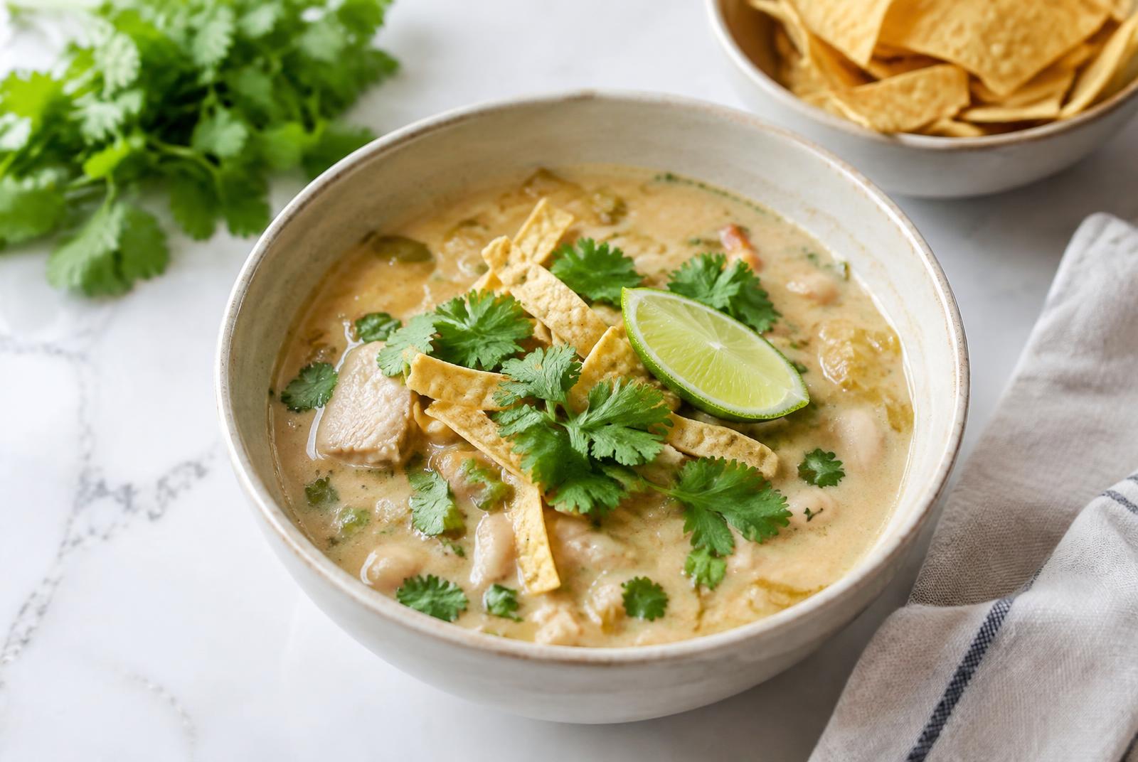 Slow Cooker White Chicken Chili served in a shallow ceramic bowl