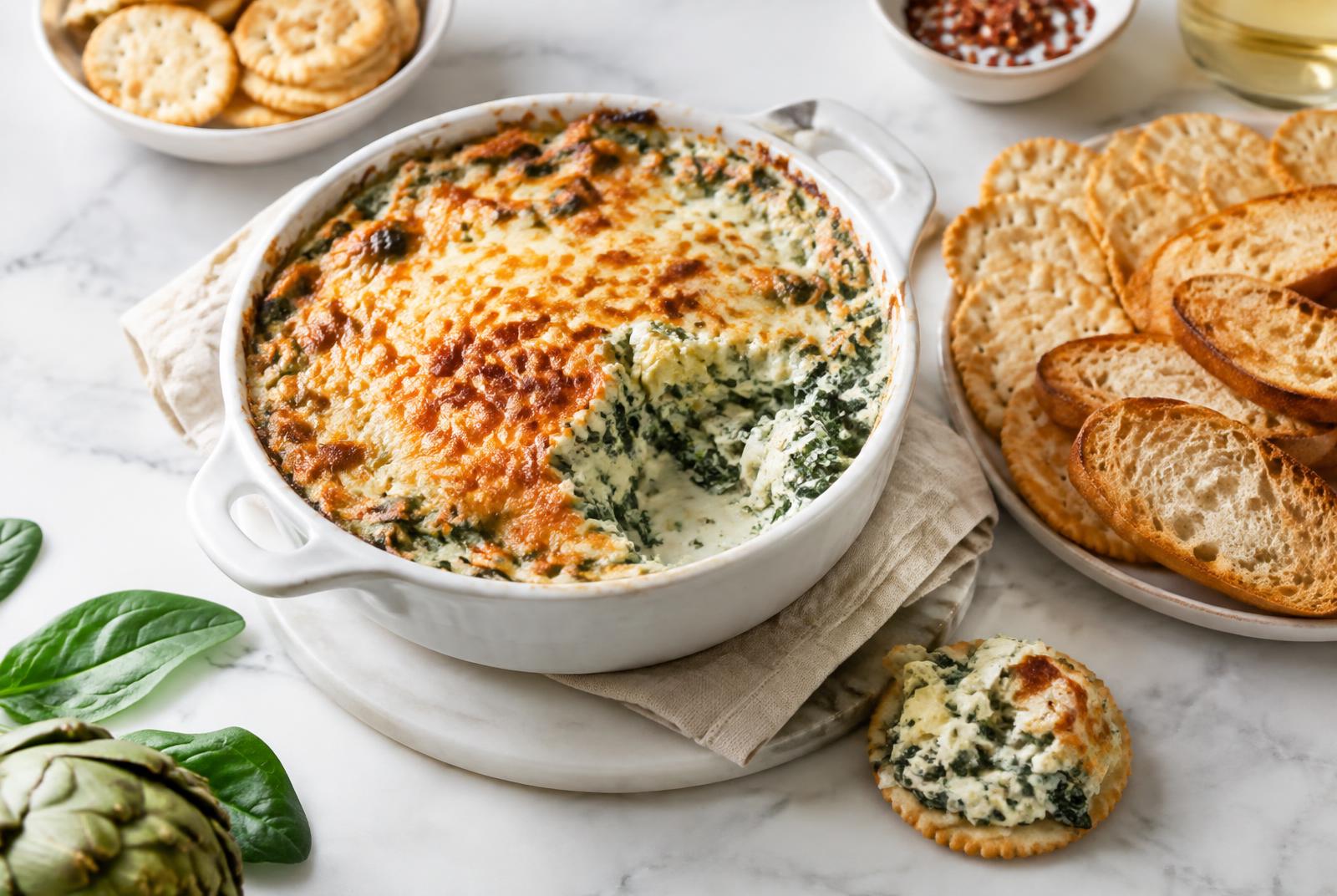Warm Spinach Artichoke Dip served in a shallow ceramic bowl